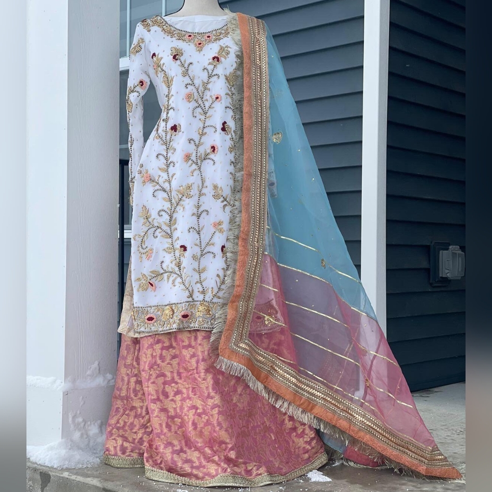 Beautiful pink and blue Pakistani shalwar kameez lehenga
